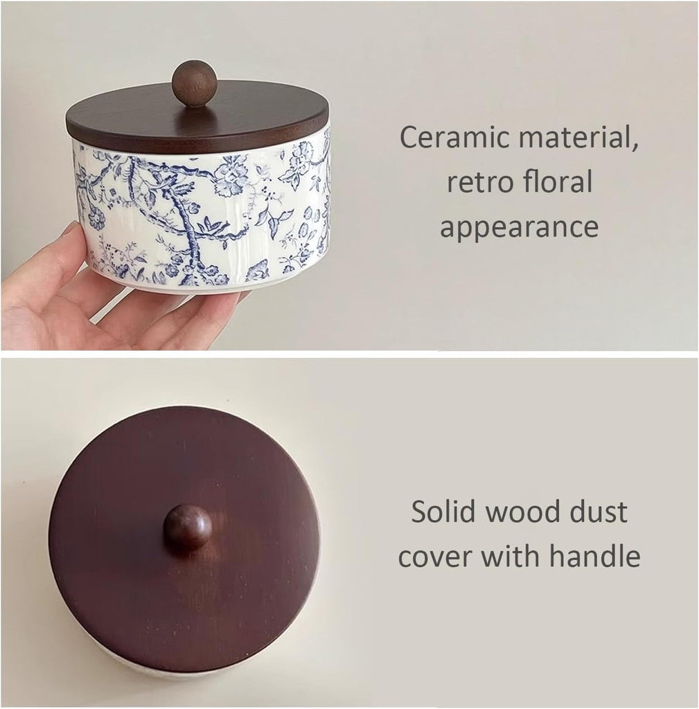 Ceramic Jewelry Box with Wood Lid Blue White Jewelry Case Ring Holder Trinket Vintage Floral Porcelain Round Jewelry