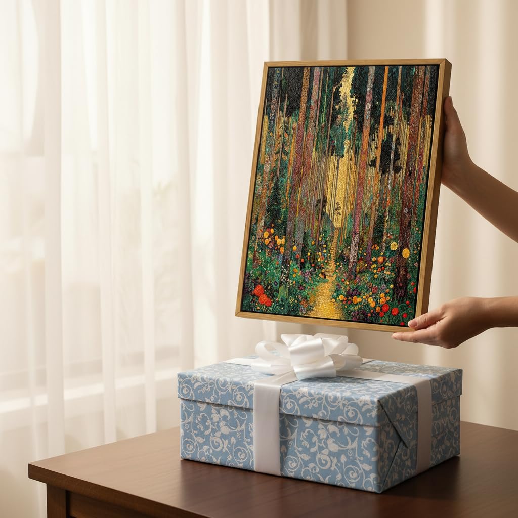 Floating Framed Gustav Klimt Forest Path Canvas Wall Art, 12x16in