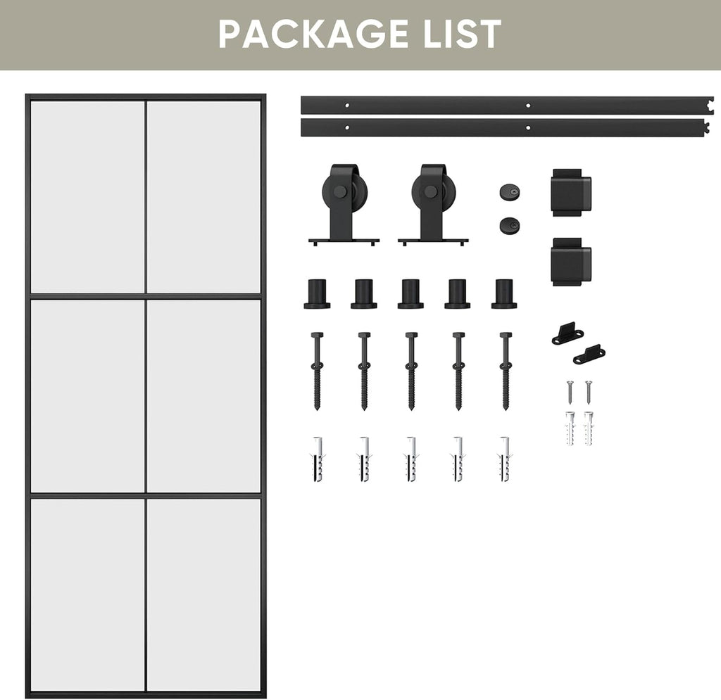 38in x 96in Glass Sliding Barn Door with 6.6ft Hardware kit, 3-Panel Black Aluminum Frame and Clear 