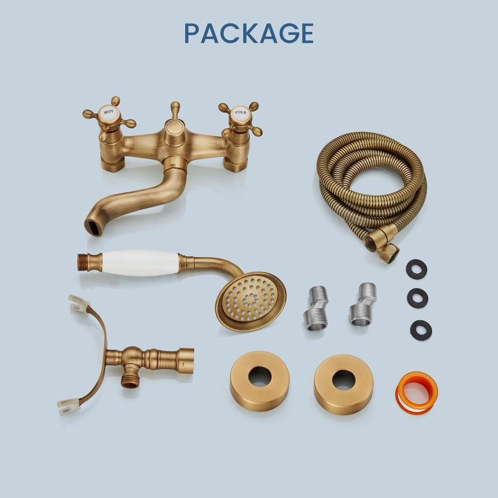 Cross Handle Antique Brass Tub Faucet with Handheld Shower
