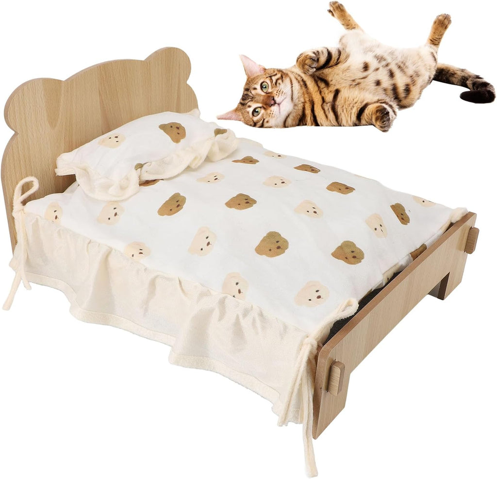 Wooden Pet Bed, Modern Elevated Design, Solid Wood Material with Removable Cushion, for Small Animals, Rabbits, Cats