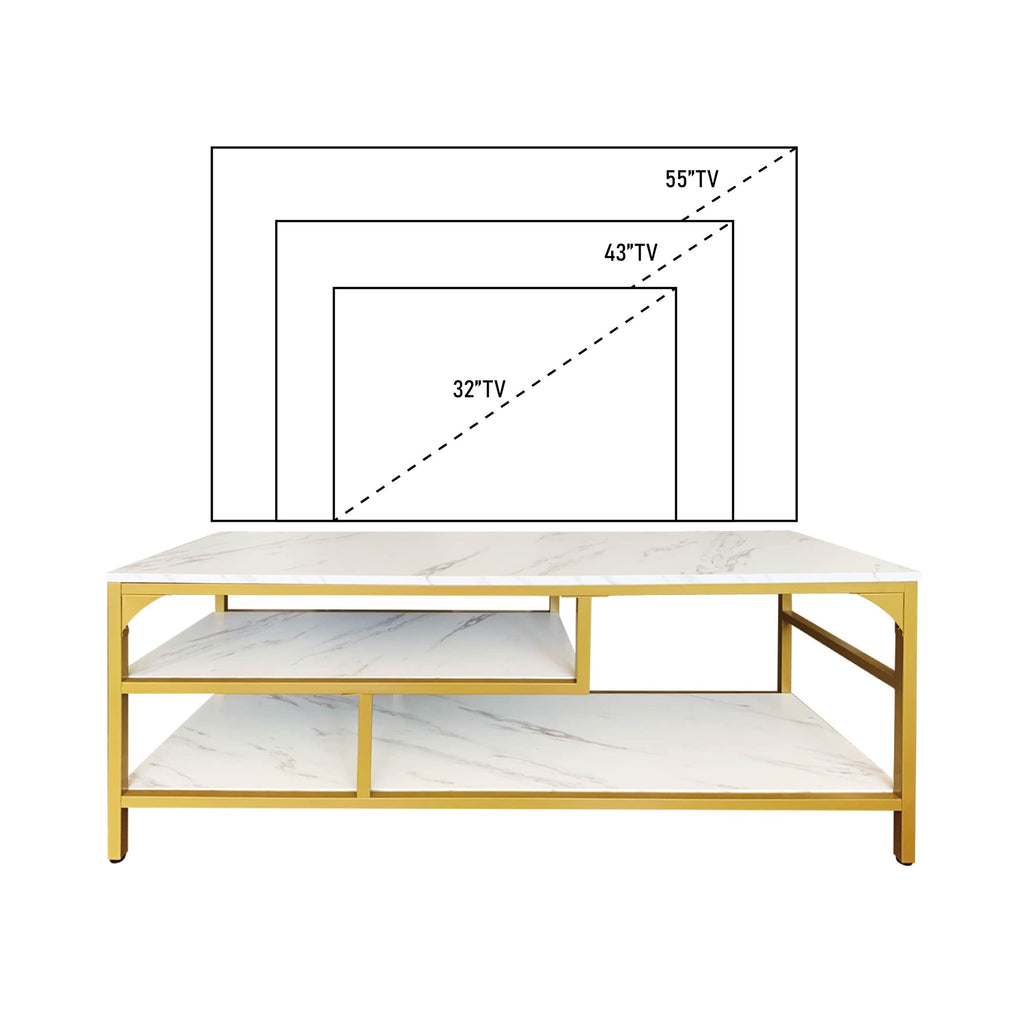3-Tier Stand for TV Media Console Table with Open Shelving Storage Bedroom (Gold Frame with White Faux Marble top PB