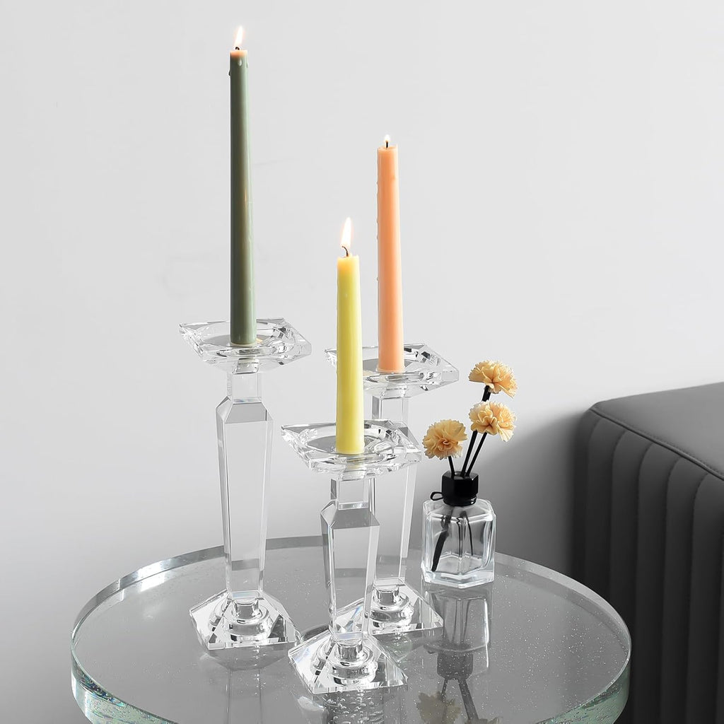 Crystal Candelabra Set, Dual-Sided Candle Holder Reversible for Taper, Tealight & Pillar Candles 3-in-1 Versatile