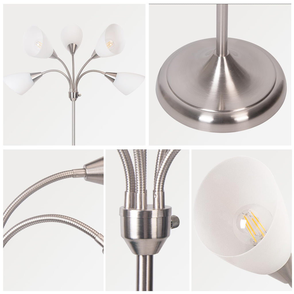 Floor Lamp, 5 Adjustable Neck Heads with Lampshades, Multi-Light Standing Reading Lamp