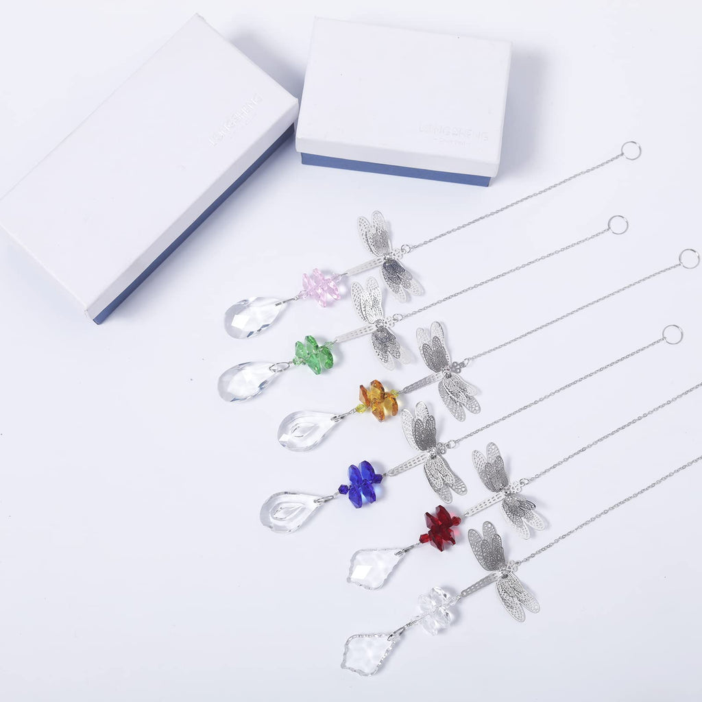 Dragonfly Crystal Prisms Bead Hanging Crystal for Windows Garden Wedding Christams Decor Mirror, Set of 6
