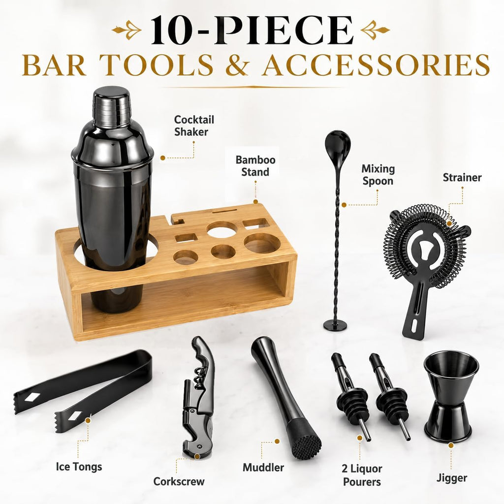 Black Cocktail Shaker Set, Premium 18/8 Stainless Steel Mixology Bartender Kit with Stylish Bamboo Stand 10-Piece Bar