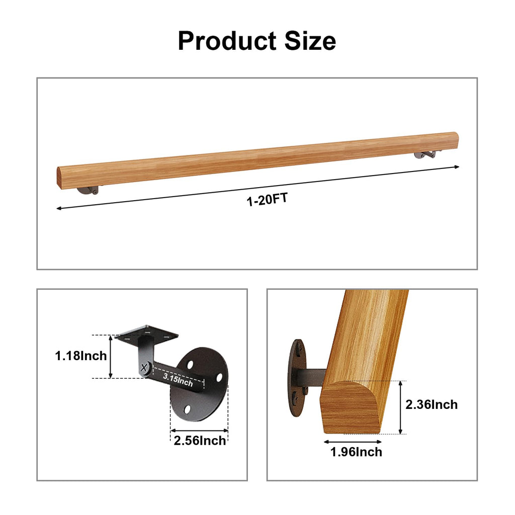 8FT Solid Wood Stair Handrail for Indoor Stairs, Outdoors Stair Railings, Sturdy Wall Mounted Non-Slip Safety Design