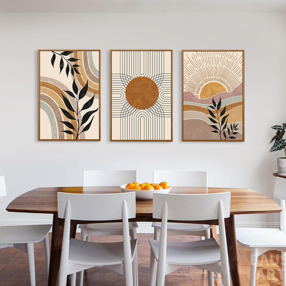 Boho Framed Canvas Wall Art Prints, Set of 3 Mid Century Modern Wall Decor, Nature Plants Desert Sun Art Paintings