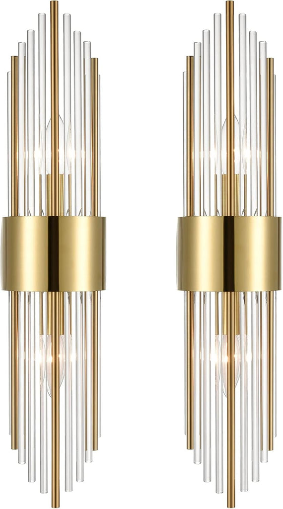2-Light Modern Brushed Titanium Gold Wall Sconce with Clear Glass Crystal Luxury Wall Light Fixtures for Bedroom
