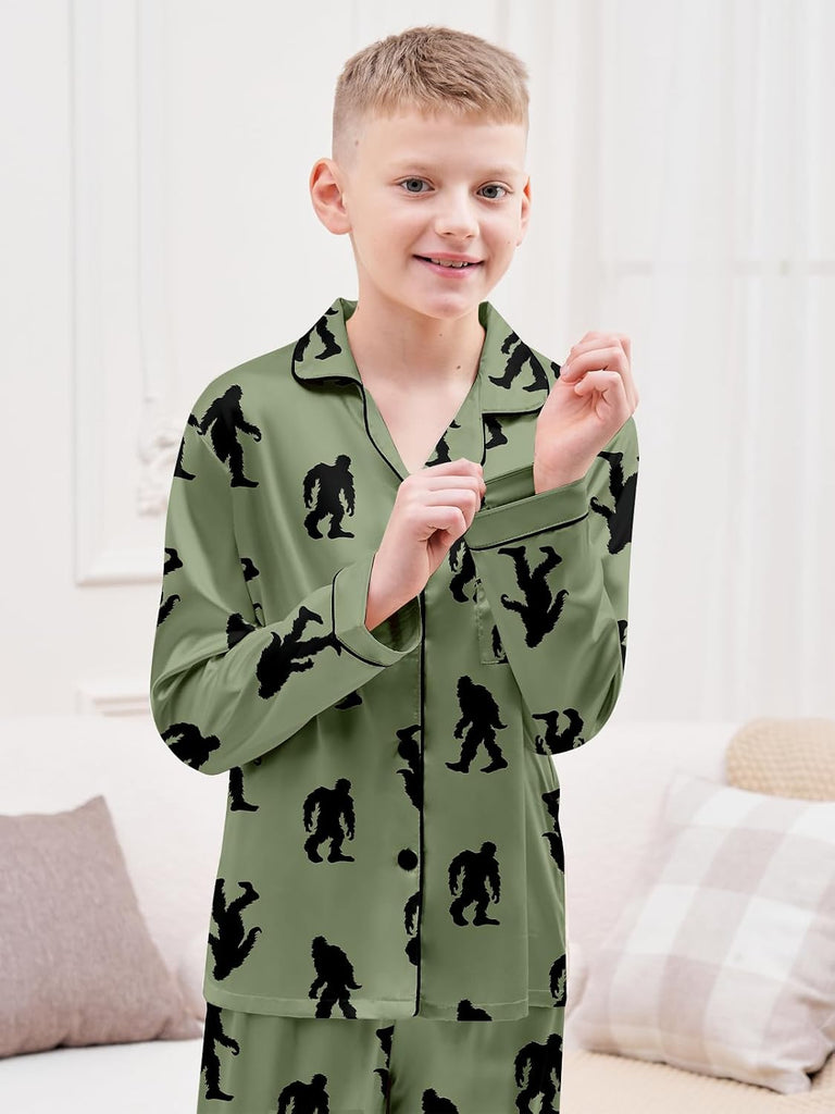 Boys Silk Pajamas Set Long Sleeve 2 Piece Sleepwear Button-Down Nightwear