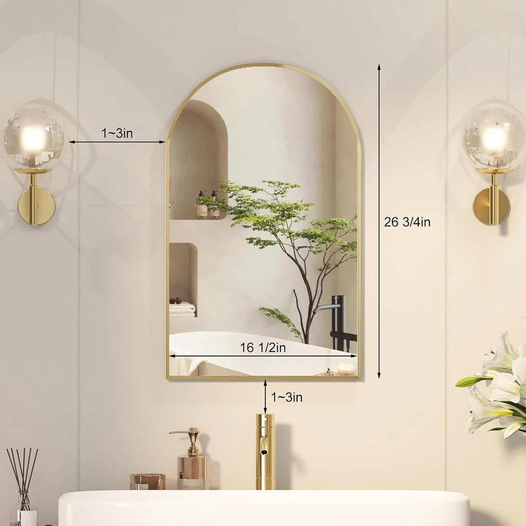 Recessed Medicine Cabinet,Arched Medicine Cabinet with Mirror | Brushed Gold Metal Edge,3 Adjustable Glass