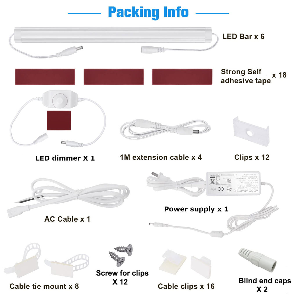 Under Cabinet LED Lighting Kit, Super Bright, 6 PCS 12" Slim Light Bars, 31W 2000 Lumen, Dimmable, Plug or Wired
