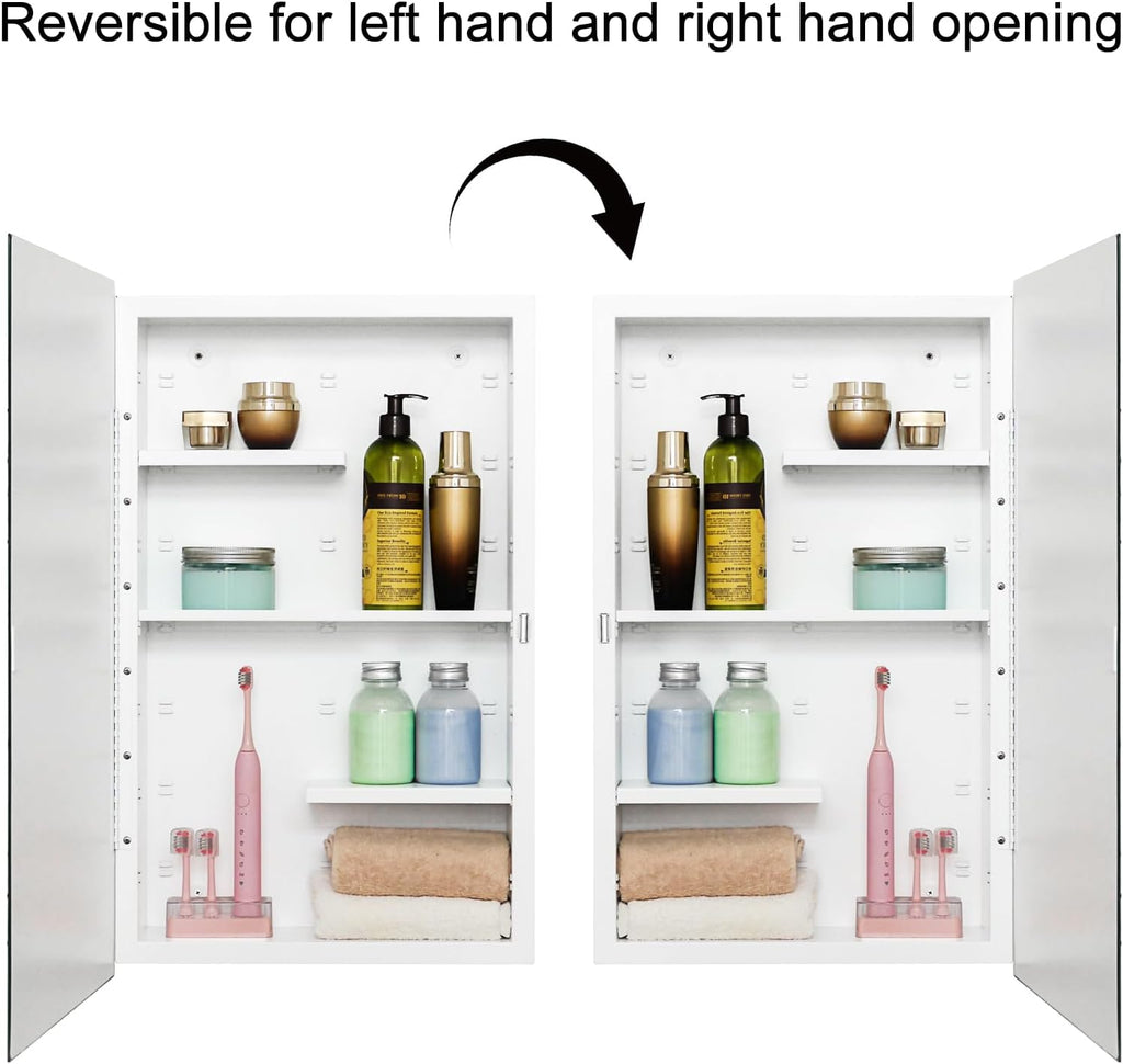 White 16x26 Medicine Cabinet, Beveled Mirror & Adjustable Staggered Shelves | Recessed or Surface Mount Bathroom