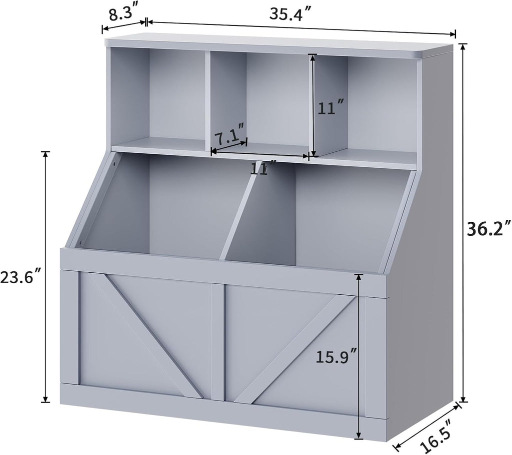 Kids Bookshelf and Toy Storage, Kids Toy Storage Organizer, Grey | Toy Organizer with Storage Cabinet and Cubby