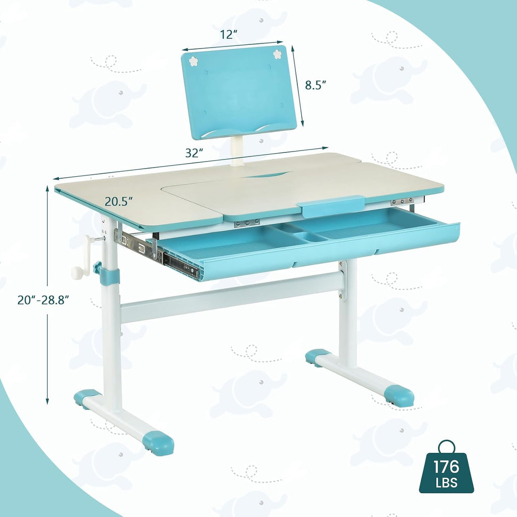 Kids Desk, Height Adjustable Children Study Table with Tiltable Desktop, Storage Drawer, Scale Ruler, Student