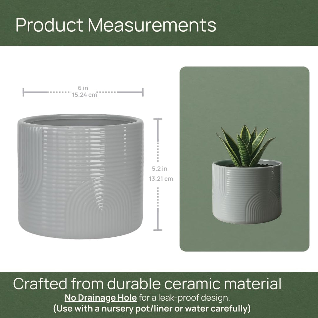 6 Inch Ceramic Plant Pot - No Drainage Hole - Stone Gray