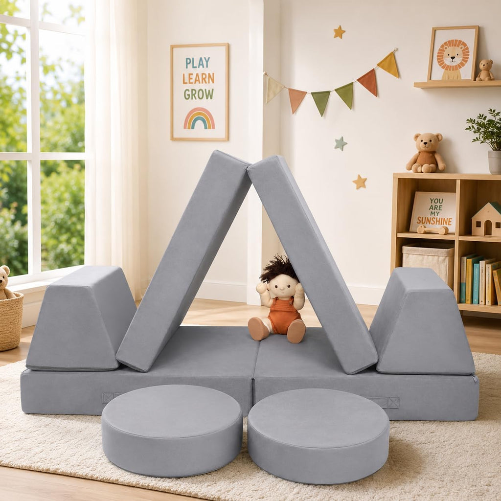 Kids Couch, Light Grey Modular Foam Play Couch, Ages 3+