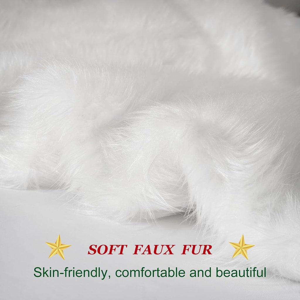 72 Inch Christmas Tree Skirt, White Faux Fur Plush Design for Holiday Decor