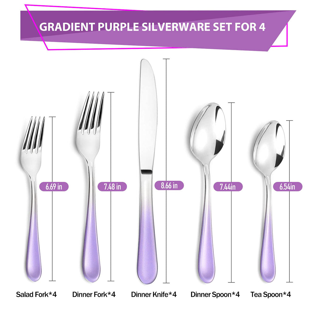 Gradient Purple Silverware set for 4, Stainless Steel Flatware Set, 20 Piece Tableware Cutlery Set, Mirror Polished