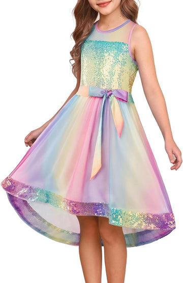 Girls Sequin Party Formal Dress Wedding Guest Sparkle Fancy Birthday Tulle High Low Prom Dresses