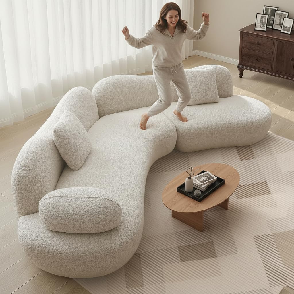 Curved Sectional, 5-Seater, Deep Seat, Pillows, Bouclé, Modern, White