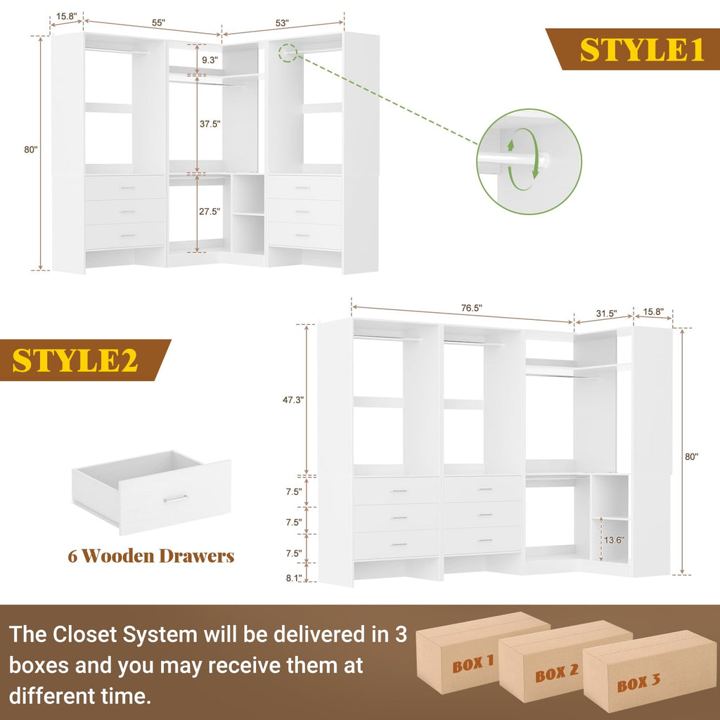 Closet System with 6 Drawers, 4 Hanging Rods & Corner Tower, Corner Closet System with Hanging, 76.5" L-Shaped