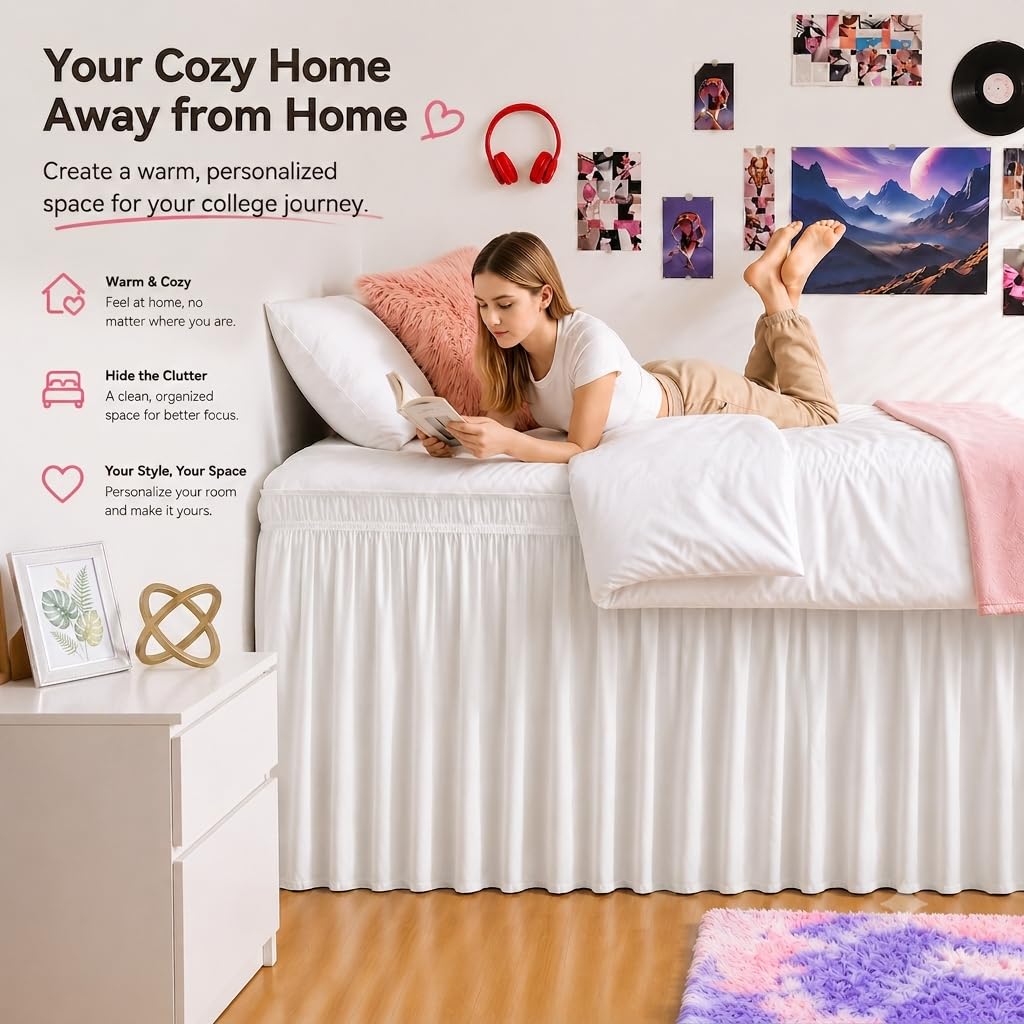 Twin XL Lofted Dorm Bed Skirt 50" Drop, Wrap Around Split Corner, White