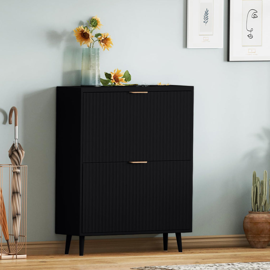 Shoe Cabinet Storage, Modern Freestanding Organizer with 2 Flip Drawers, Narrow Shoe Rack Cabinet, Black