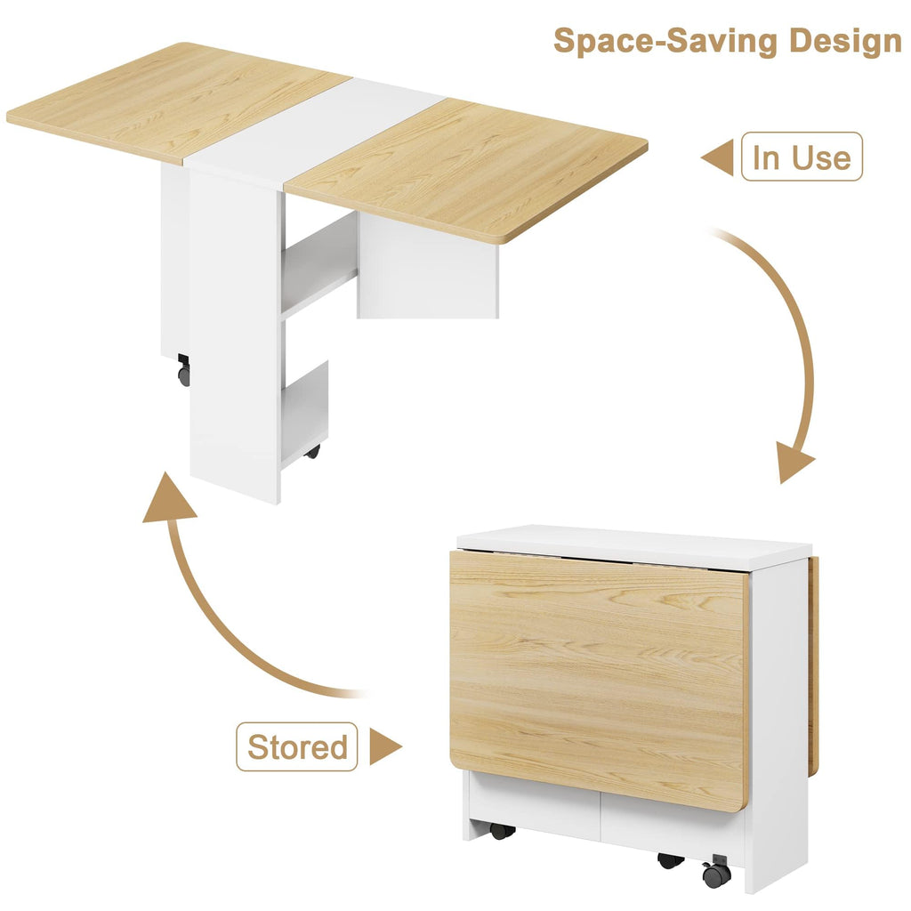 FoldingTable, Drop Leaf Dining Table with 6 Wheels and 2-Layer Storage Shelf, Space Saving Table for Small Spaces