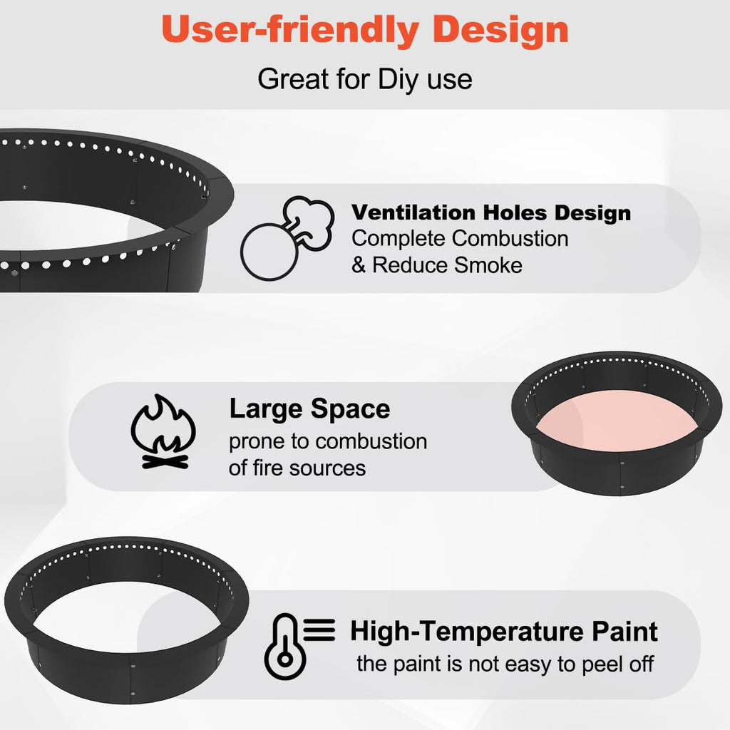 Outdoor Smokeless Fire Pit Ring Liner 32-Inch Outer/28-Inch Inner Diameter, Heavy Duty Solid Metal Steel Round