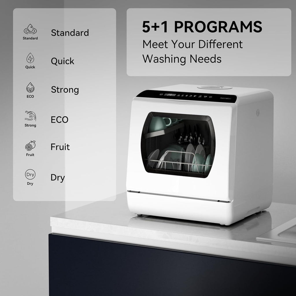 Countertop Dishwasher, 5 Washing Programs Portable Dishwasher With 5-Liter Built-in Water Tank For Glass Door
