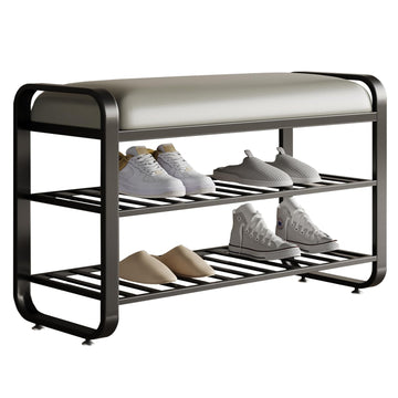 Shoe bench, entryway bench with shoe storage, modern shoe rack bench with cushion upholstered padded seat 3 Tier metal