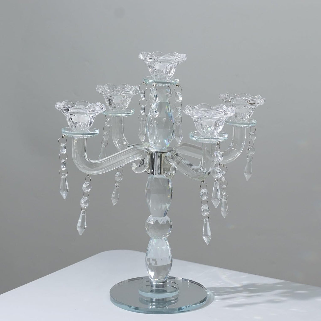 Crystal 5-Arm Candelabra Taper Candle Holder with Hanging Prisms & Round Mirror Base - Faceted Cut Glass Design - 14"