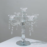 Crystal 5-Arm Candelabra Taper Candle Holder with Hanging Prisms & Round Mirror Base - Faceted Cut Glass Design - 14"