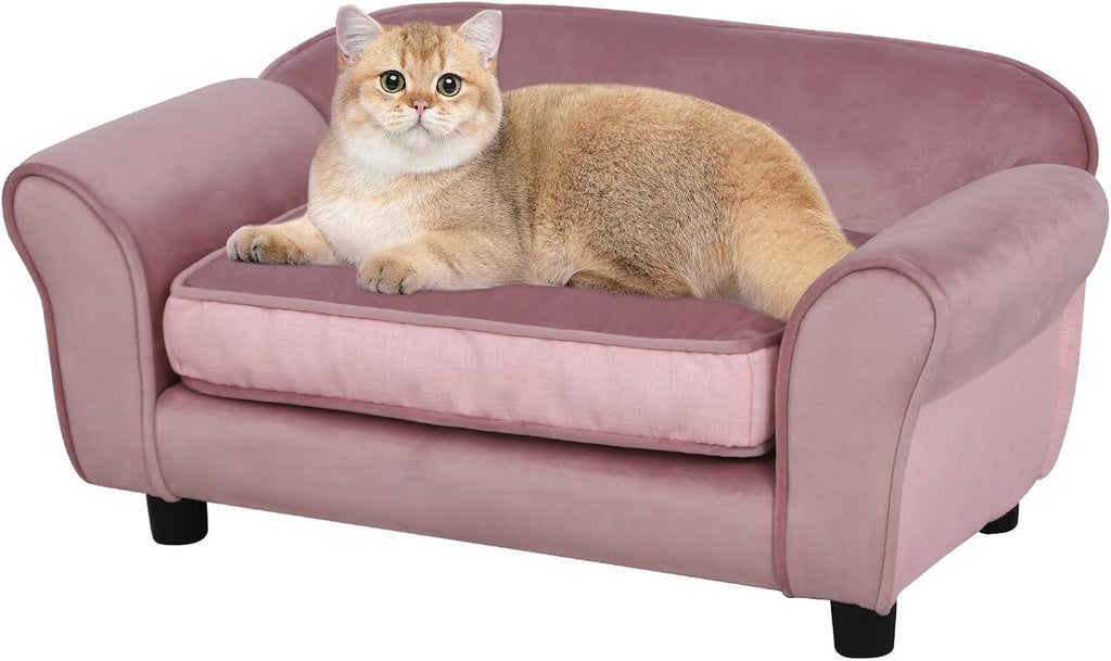 Small Dog Sofa Bed, Pet Sofa Bed, Dog Couch, Puppy Sofa, Velvet Cat Couch with Washable Cushion and Plastic Legs, Pink