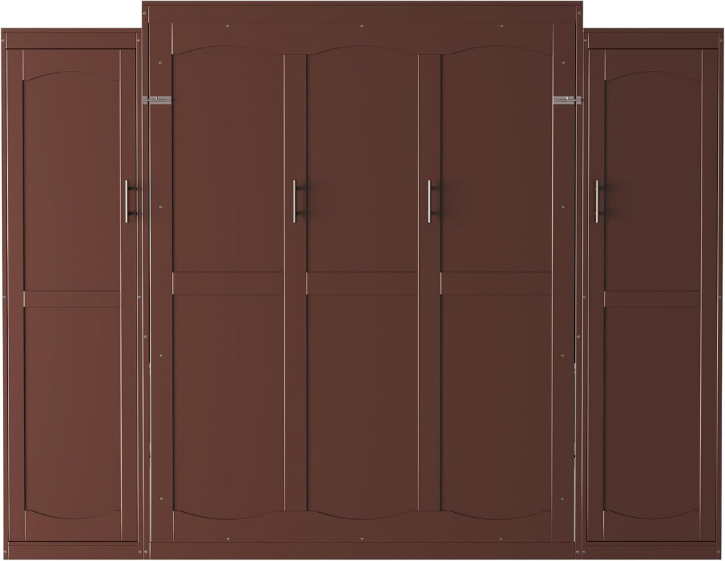Full Murphy Bed Wall Cabinet with 2 Wardrobe & Storage Shelf, Wood Foldable Platform Bed Frame for Guest Room
