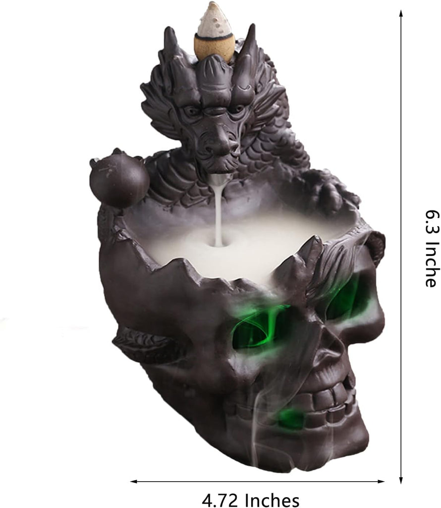 Dragon Waterfall Incense Holder - Ceramic Backflow Burner with Skull Head, Zen Meditation Decor, Yoga Studio - Unique