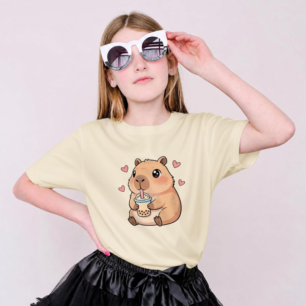Capybara Shirt for Girls Cute Graphic Tees Kids Kawaii Animal Print T Shirts Funny Cartoon Summer Cotton Tops