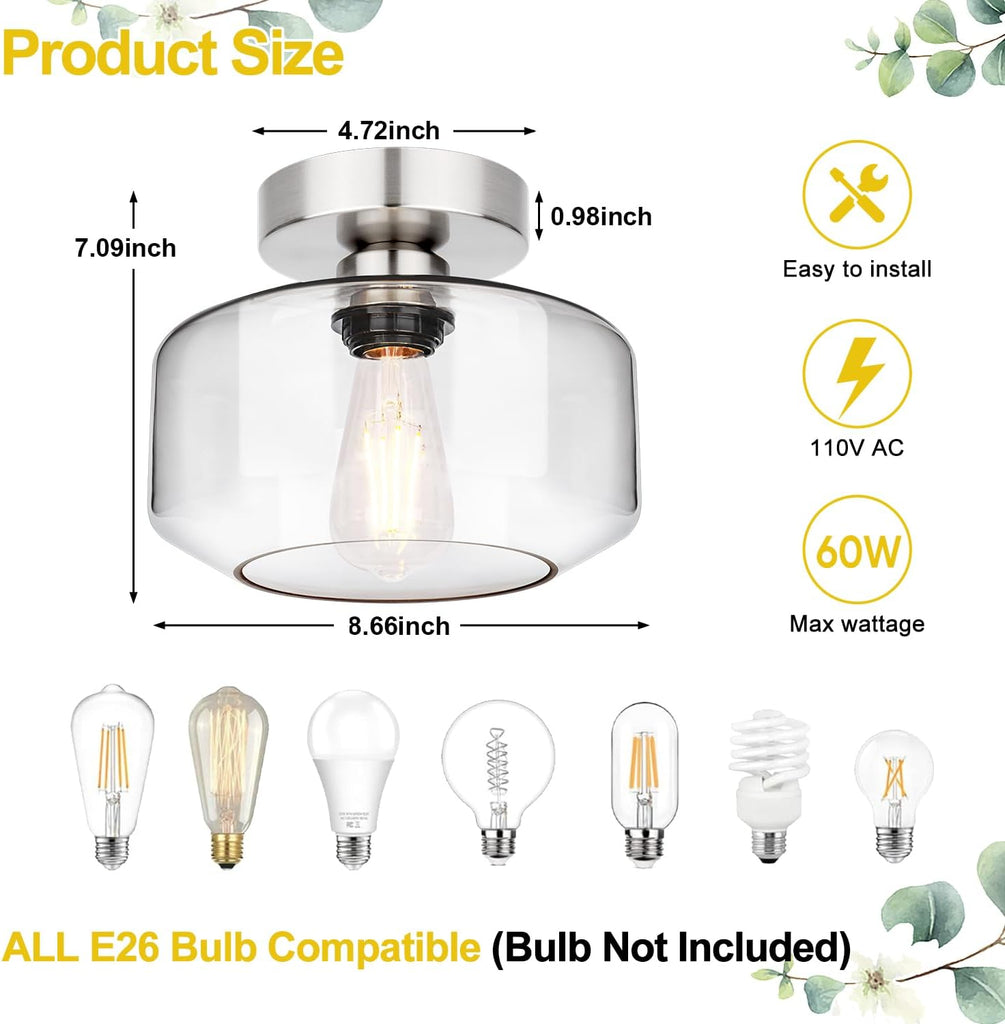 Industrial Semi Flush Mount Ceiling Light Brushed Nickel, Clear Glass Shade Ceiling Light Fixture, Farmhouse Light