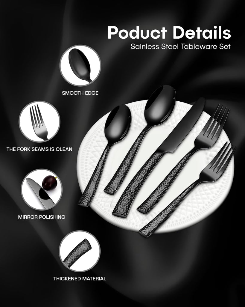 40-Piece Black Hammered Silverware Set, Stainless Steel Black Flatware for 8, Mirror Polished Tableware Cutlery Set