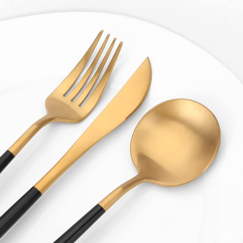 Matte Gold Silverware Set with black handle, 20 Piece Stainless Steel Cutlery Flatware Set, Kitchen Utensil Sets for