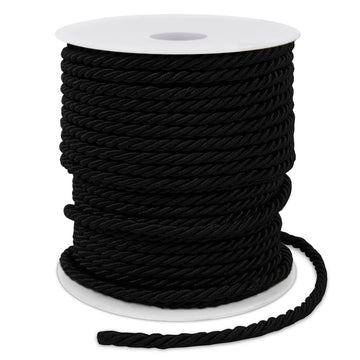 Twisted Silk Rope Cord, 3mm Black Satin Cord Trim Thick Decorative Rope, Cording for Crafts, Curtain - 27 Yards