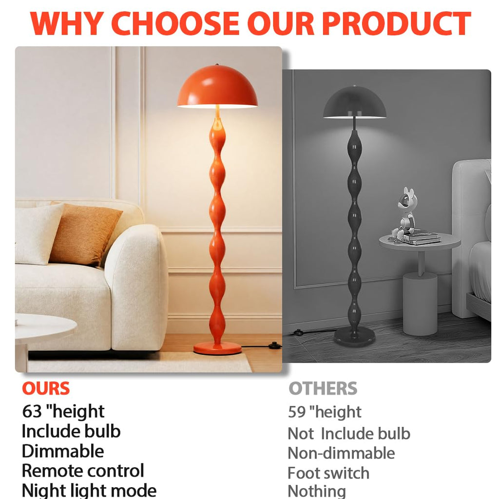 Orange Mushroom Floor Lamp, Dimmable Standing Lamp with Remote Bulb