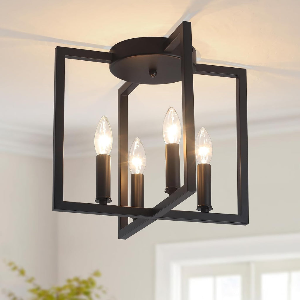 Semi Flush Mount 4-Light Black Ceiling Light, Modern Farmhouse Industrial Light with Geometric Metal Shade, Kitchen