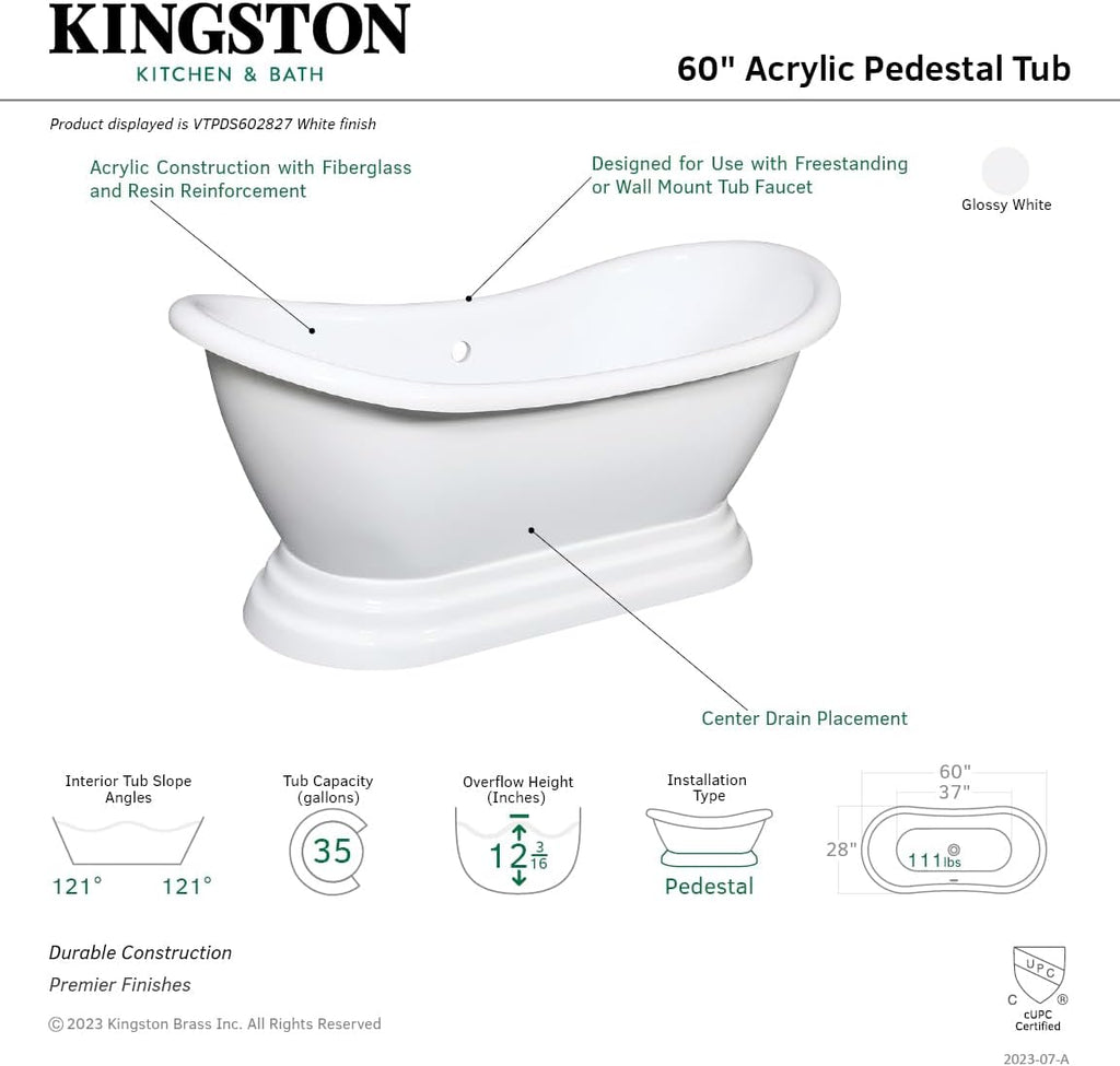 VTPDS602827 Aqua Eden 60" Acrylic Double Slipper Pedestal Tub, Glossy White