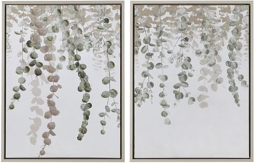 Botanical Framed Wall Art , Set of 2 Hand Embellished Canvas Wall Décor, Eucalyptus Leaves, Easy To Hang Vertically