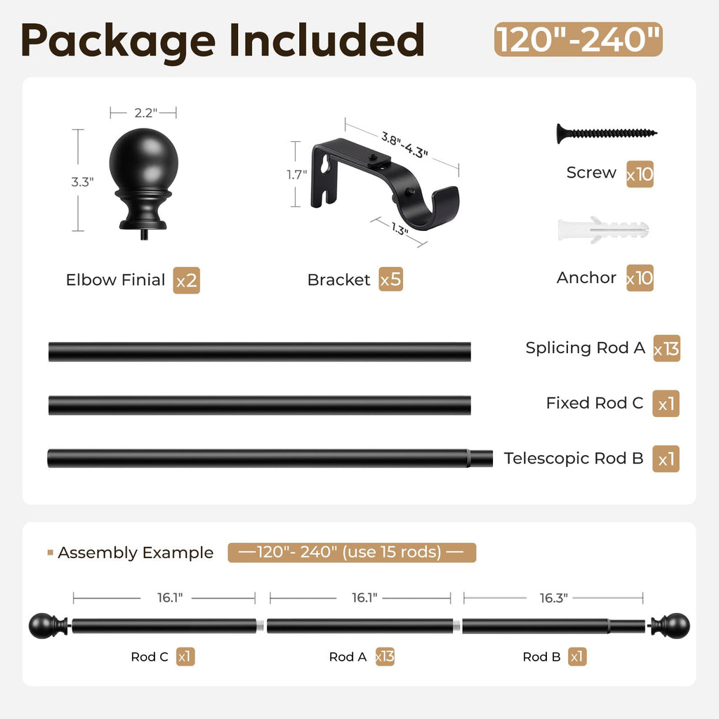 1 Inch Adjustable Curtain Rods for Windows, 32"-240", Black