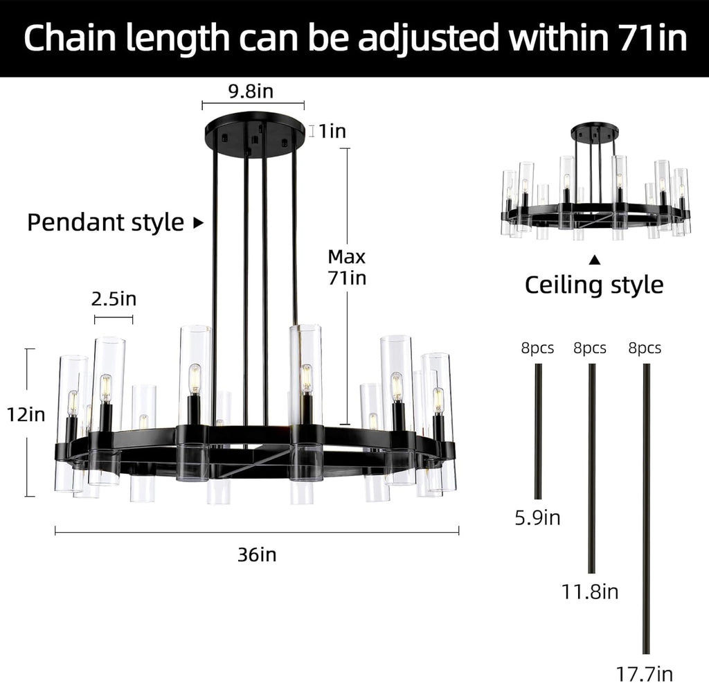 12 Light Black Round Chandelier 36'' Wagon Wheel Chandeliers for Dining Room Light Fixture Clear Glass Tube Chandelier Modern Farmhouse Chandeliers for Living Room Bedroom, Bulb Included A115-B0CF1YY1YS