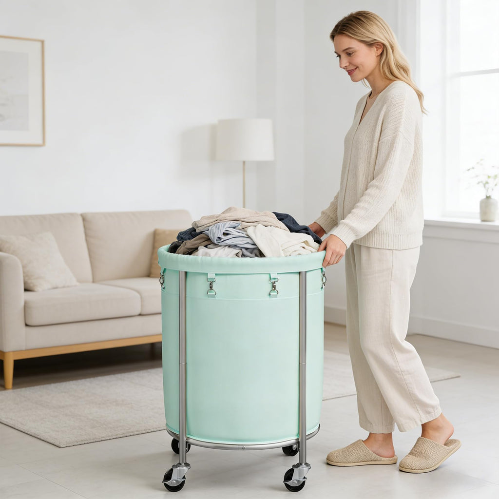Laundry Basket with Wheels, Round Rolling Laundry Hamper, Mint Green