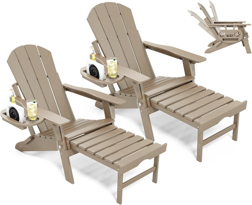 Adjustable Adirondack Chair Set of 2 with Retractable Ottoman, Brown | Folding HDPE Chair with Multifunctional Cup